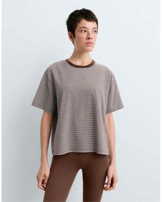 Oysho White Regular Fit Striped Cotton Blend Short-Sleeved T-Shirt