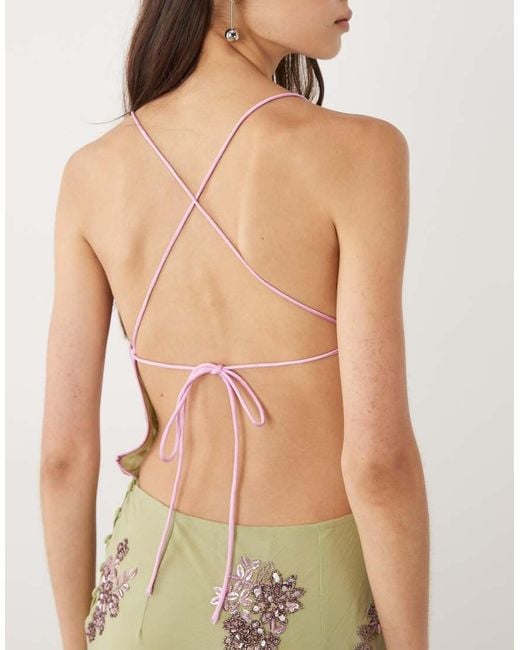 ASOS Green Asos Design Tall Ditsy Embellished Bias Semi Sheer Chiffon Maxi Dress With Open Back