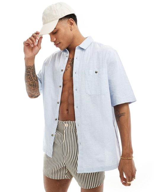 ASOS Blue Relaxed Linen Blend Shirt With Square Collar for men