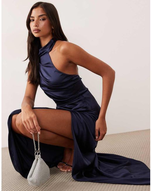 TFNC London Blue Bridesmaid Satin Halter Neck Pleat Detail Maxi Dress