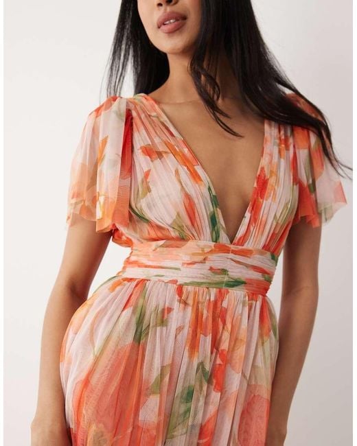 LACE & BEADS Orange Madison Tulle Flutter Sleeve Deep V Maxi Dress