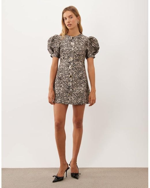 Sister Jane Gray Charmed Jacquard Round Neck Puff Sleeve Mini Dress