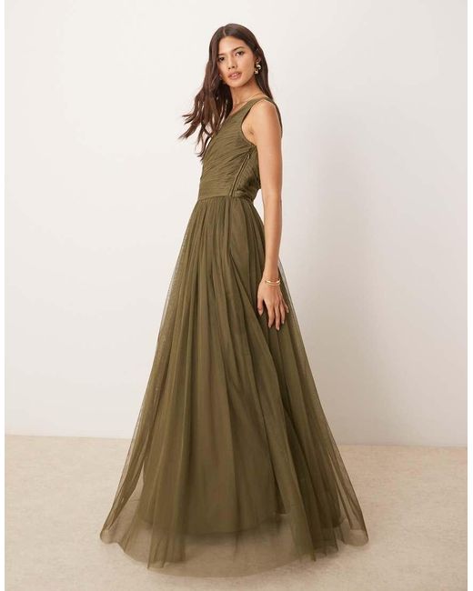 LACE & BEADS Green Bridesmaid One Shoulder Tulle Maxi Dress