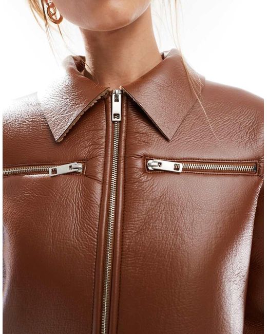 ASOS Brown Bonded Leather Look Borg Harrington Jacket