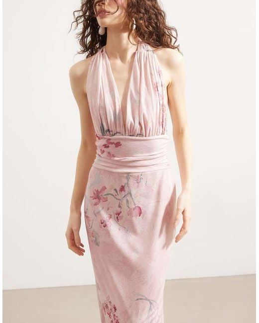 NA-KD Pink Halterneck Tie Maxi Dress
