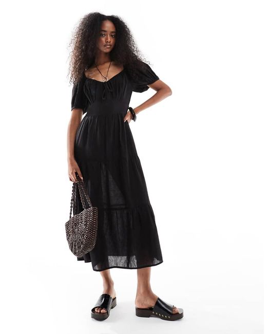Wednesday's Girl White Milkmaid Tiered Linen Blend Midi Dress