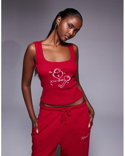 Kaiia Studio Cotton Rich Embroidered Lock And Key Graphic Tank Top Co-ord