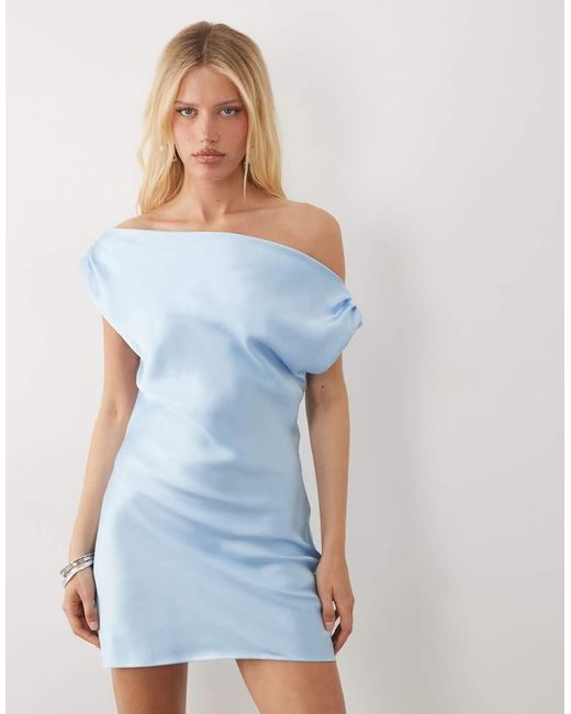 ASOS Blue Satin One Shoulder Drape Mini Dress