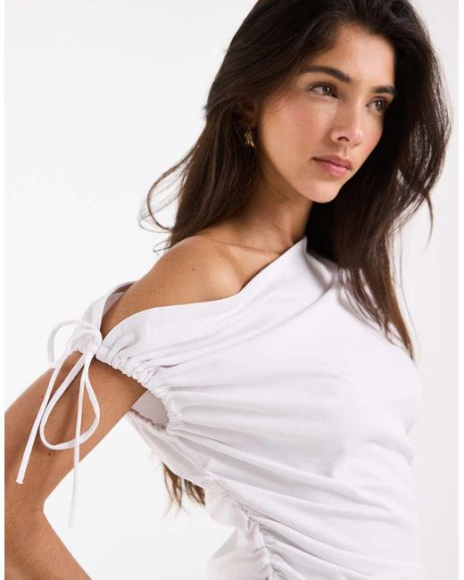 ASOS White Ruched Sleeve Fallen Shoulder Waisted Tee