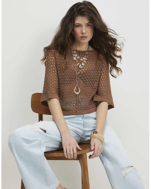 River Island Brown Open Stitch Knitted T-Shirt
