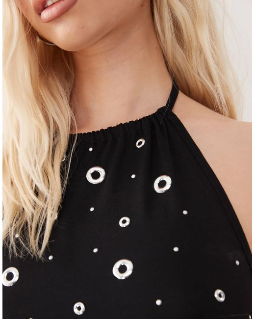 Collusion Black Halter Neck Grommet Detail Crop Top
