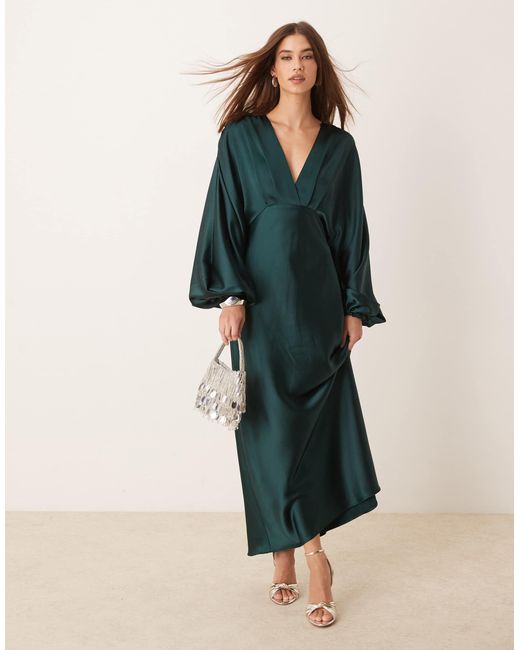 Gina Tricot V Neck Satin Maxi Dress With Volume Sleeves in Green | Lyst