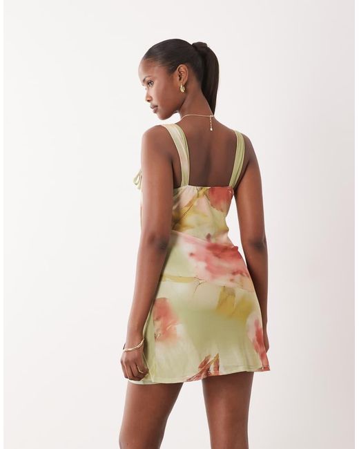ASOS Natural Mesh Square Neck Mini Dress With Soft Cowl And Tie Detail