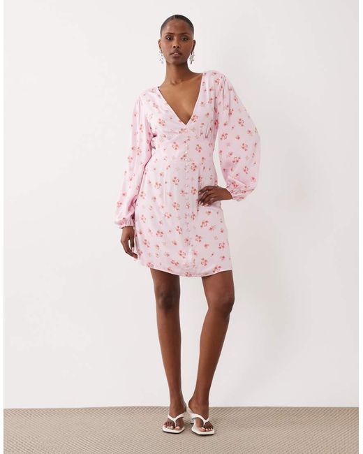 Vila Pink V Neck Button Front Long Sleeve Mini Dress