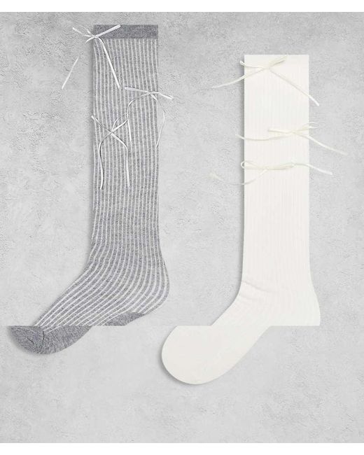 Kaiia White Exclusive 2 Pack Ribbed Satin Bow Detail Knee High Socks