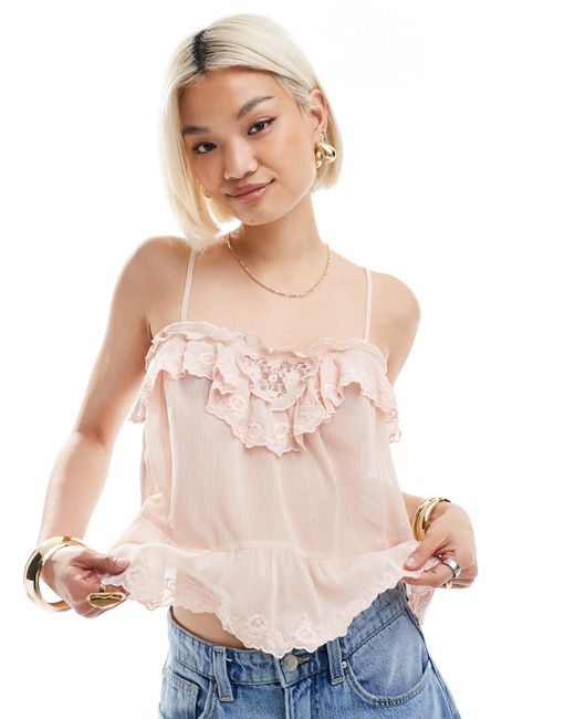 Stradivarius Blue Stradivairus Ruffle Detail Mesh Cam Top