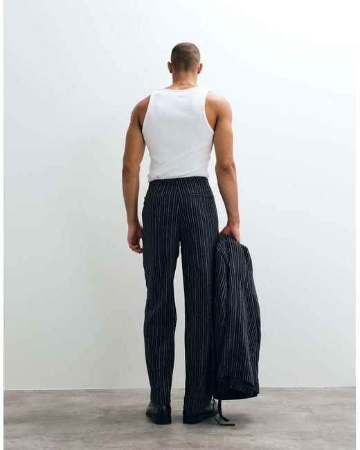 ASOS Blue Wide Linen Rich Suit Trouser With Elasticated Waist for men