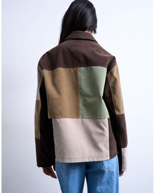 TOPSHOP Brown Boxy Faux Suede Patchwork Zip Up Jacket