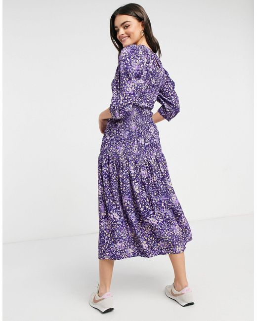 Y.A.S Midi Dress With Shirred Detail And Puff Sleeve in Purple | Lyst  Australia