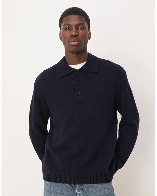 ARKET Blue Textured Pure Wool Sweater With Polo Collar for men