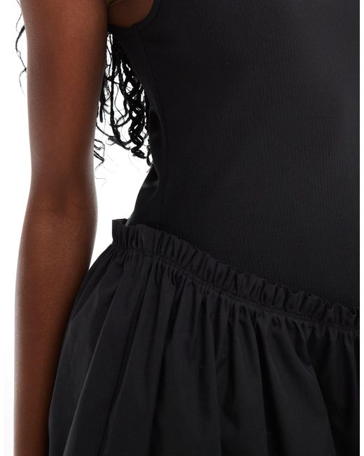 ASOS Black Ribbed Tank Maxi Dress With Poplin Skirt And Asymeticatic Waist Seam