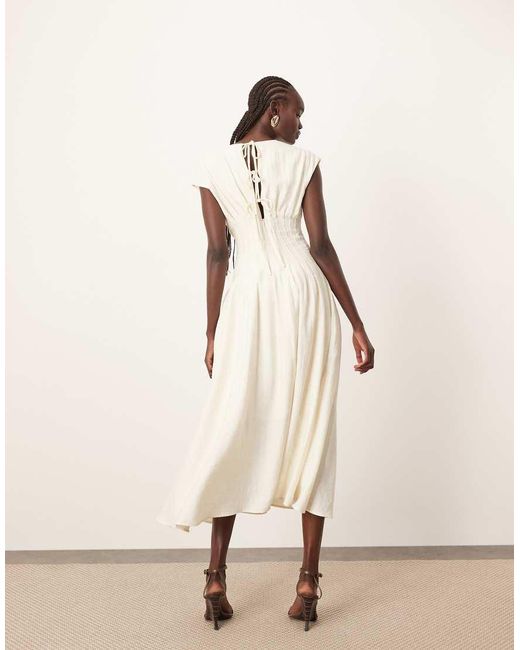 ARRANGE Natural Premium Structured Linen Pleat Waist Midi Dress With Tie Back Detail