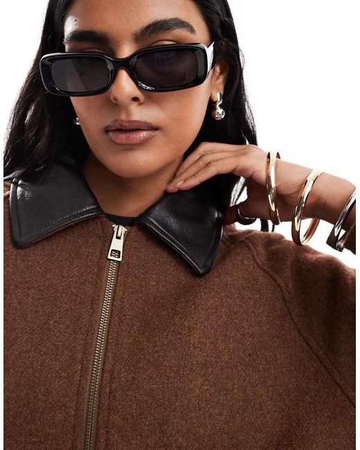 ASOS Brown Wool Blend Heritage Leather Look Collar Bomber Jacket