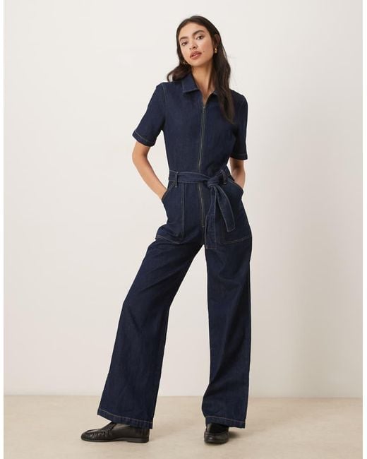 Mango Blue 100% Cotton Belted Short Sleeve Denim Jumpsuit