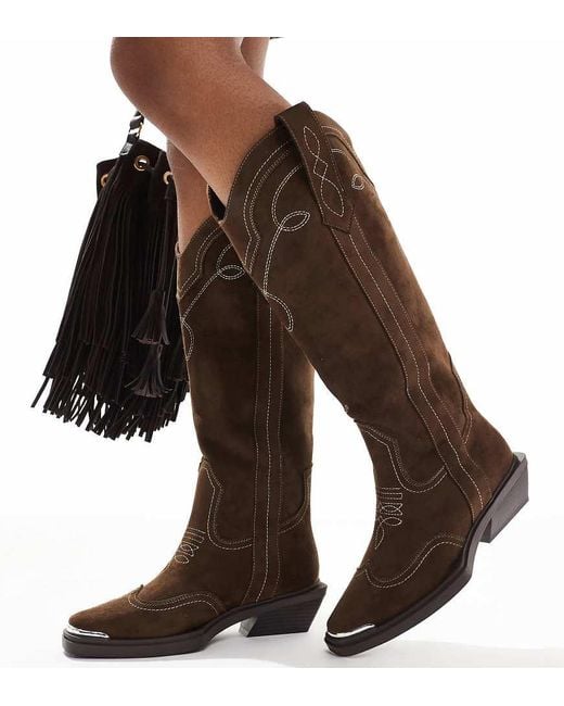 Asos Design Wide Fit Brown Celeste Flat Western Knee Boots