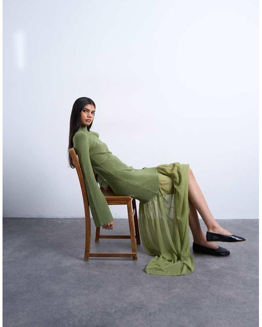 TOPSHOP Green Knitted Full Skirt Dress