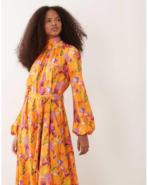 Iyal Orange High Neck Balloon Sleeve Tie Waist Maxi Dress