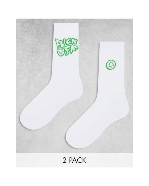 ASOS White 2 Pack Socks With Fuck Off Slogan for men