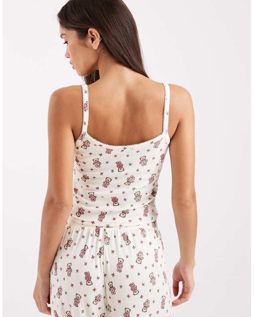 Miss Selfridge White Teddy Bear Print Mix And Match Pyjama Cami Top