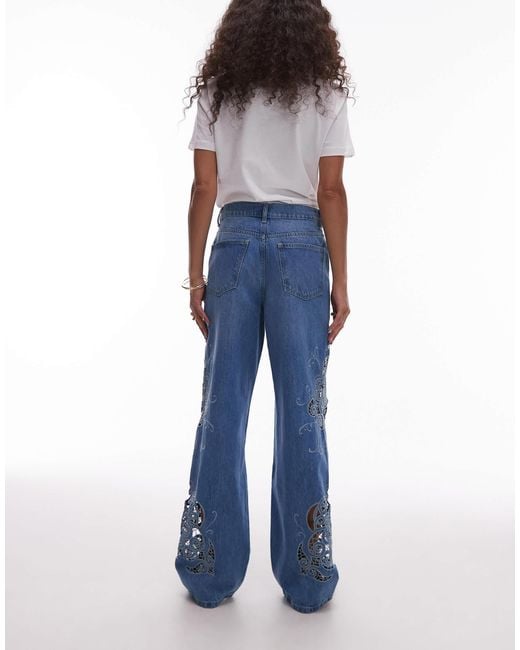 TOPSHOP Women's Blue Column Mid Rise Jean With Cutwork Detail