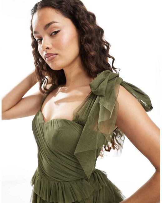 LACE & BEADS Green Bow Shoulder Tulle Maxi Dress