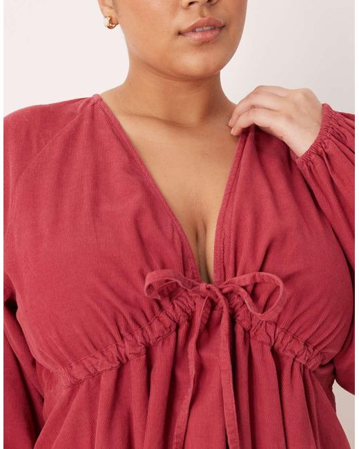 ASOS Red Asos Design Curve Cord V-neck Tie Bust Mini Dress With Volume Sleeve
