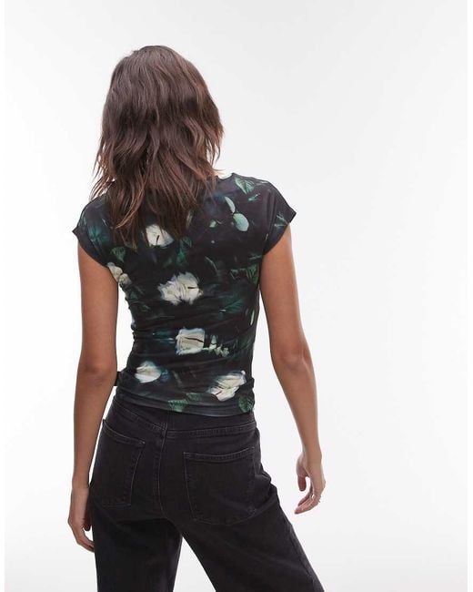 Top Con Estampado Floral Abstracto Y Mangas De Casquillo De Microfibra De -Gris TOPSHOP de color Black