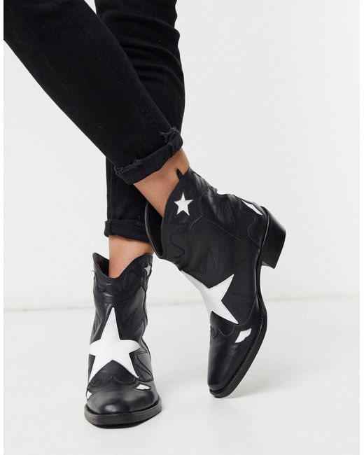 Pull&Bear Black Leather Star Western Boots