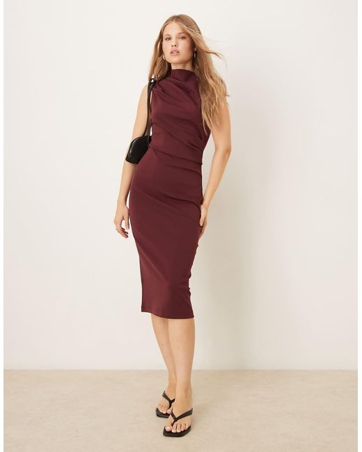 Mango Red Ruched Detail High Neck Sleeveless Midi Dress