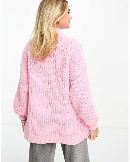 Monki Pink High Neck Chunky Rib Knitted Jumper With Volume Sleeve
