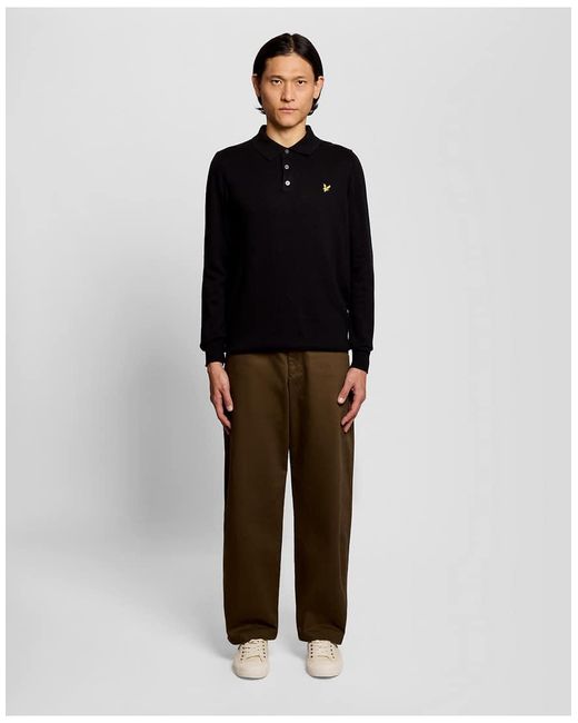 Lyle & Scott Black Cotton Merino Long Sleeve Knitted Polo for men