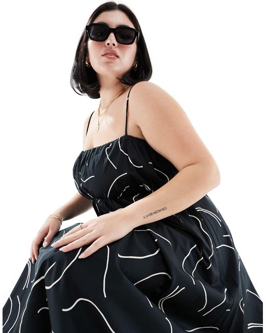 Asos design curve - robe d'été longue avec buste froncée et bretelles réglables - imprimé abstrait noir et blanc ASOS en coloris Black