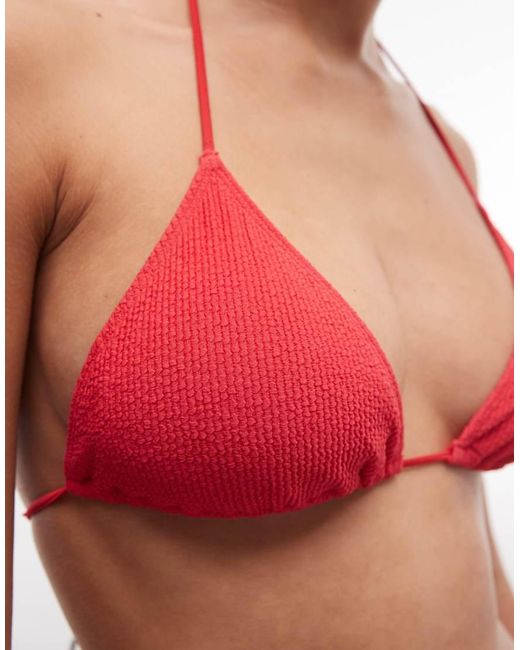 Monki Red Mix And Match Crinkle Tie Up Triangle Bikini Top