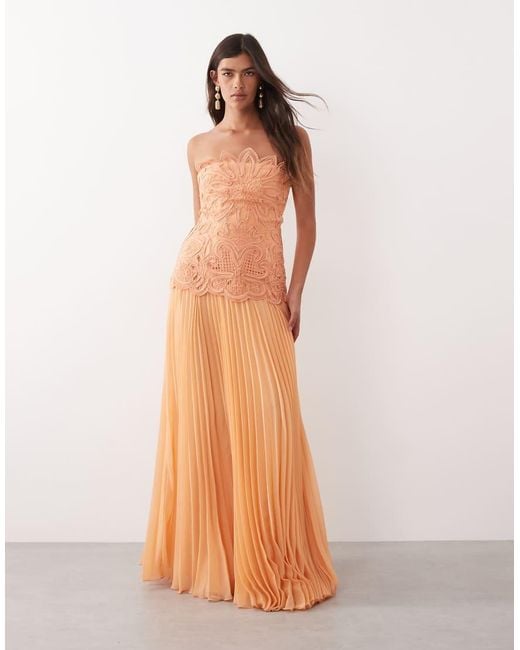 ARRANGE Orange Abstract Cutwork Bandeau Maxi Dress With Pleat Skirt
