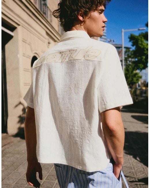 Bershka Natural Embroidered Boxy Fit Short Sleeve Shirt for men