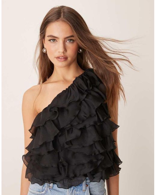 Gina Tricot Black Organza One Shoulder Top With Layered Ruffles