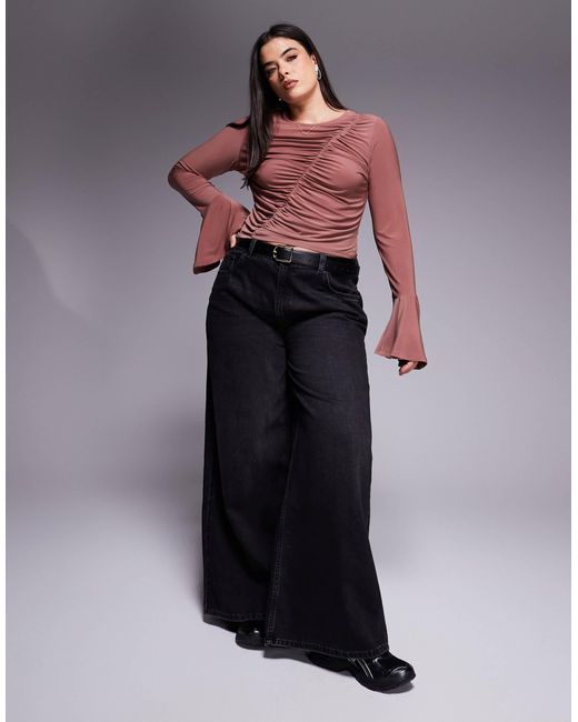 ASOS Brown Asos Design Curve Asymmetric Gathered Flared Long Sleeve Top