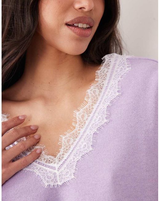 Miss Selfridge Purple Brushed Rib V-Neck Top With Lace