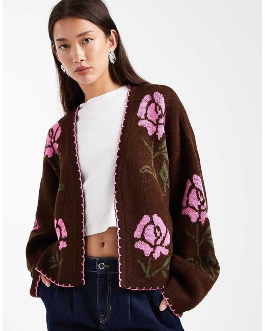 Miss Selfridge Red Floral Blanket Stitch Cardigan