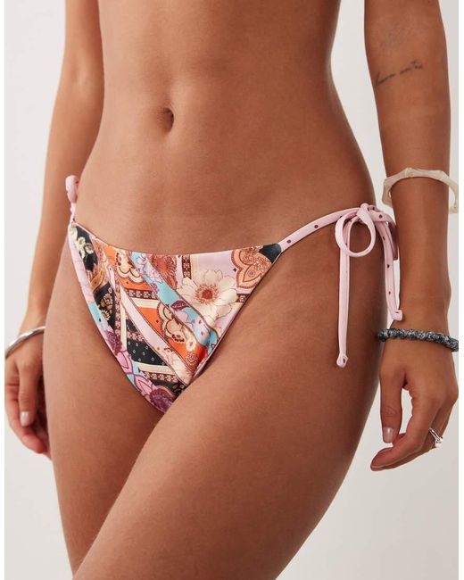 Miss Selfridge Brown Reversible Paisley And Spot Tie Side Bikini Bottom